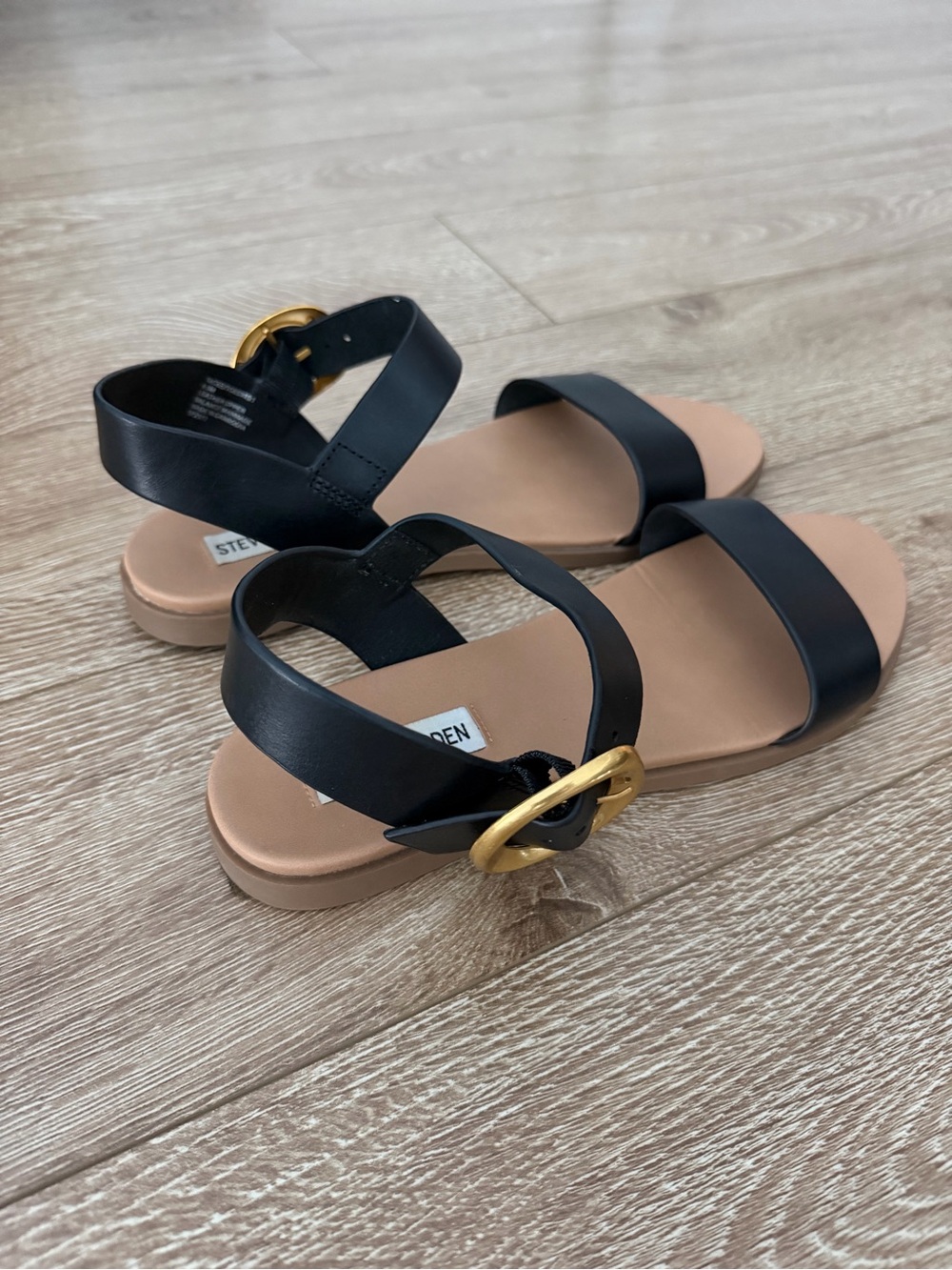 Steve Madden Black Leather Ankle-Strap Flat Sandals with Gold Buckle